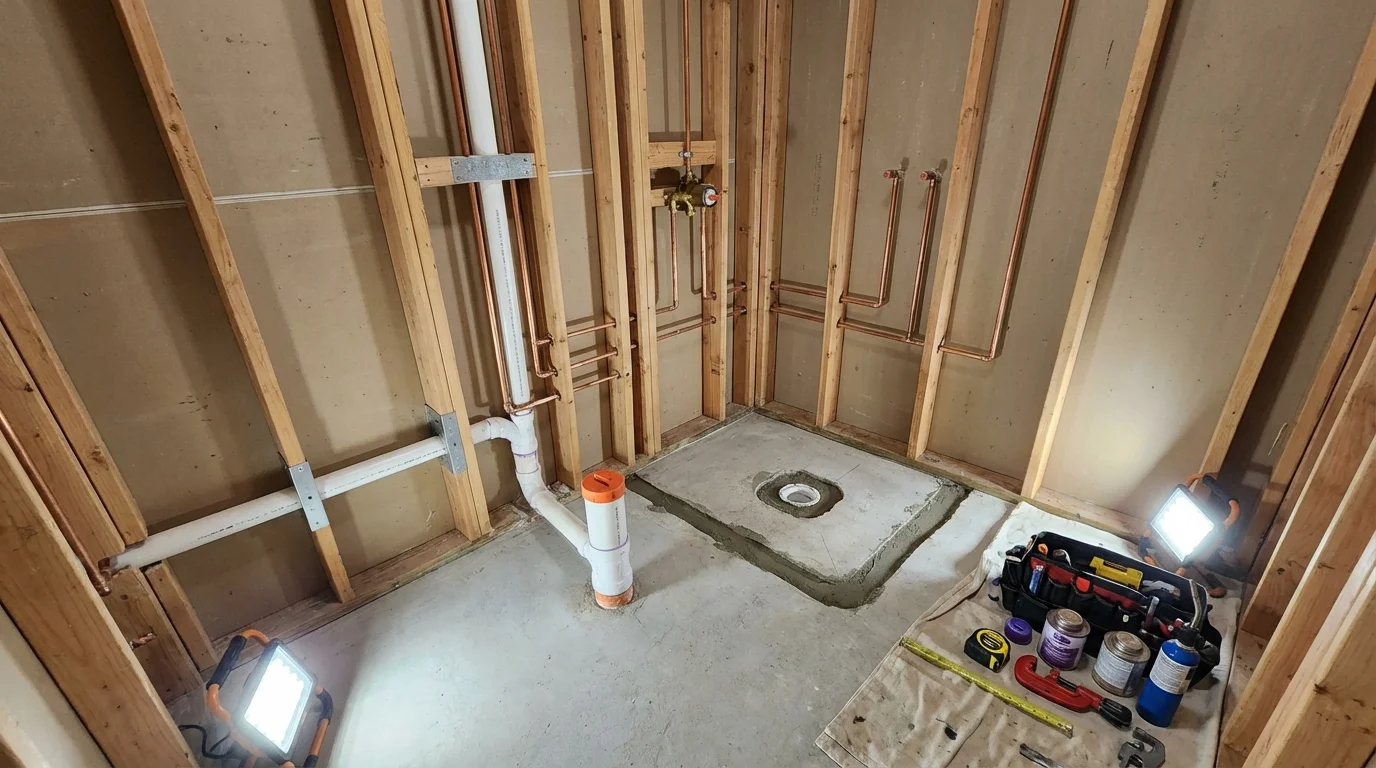 Bathroom rough-in plumbing during remodel by Johns Plumbing LLC in Tracy