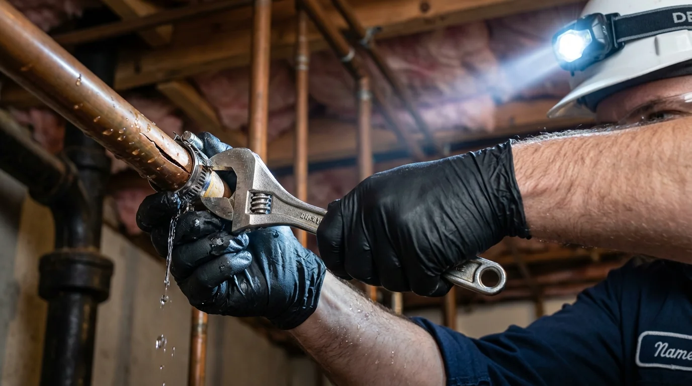 Emergency pipe clamp repair being performed by a Johns Plumbing LLC plumber in Tracy