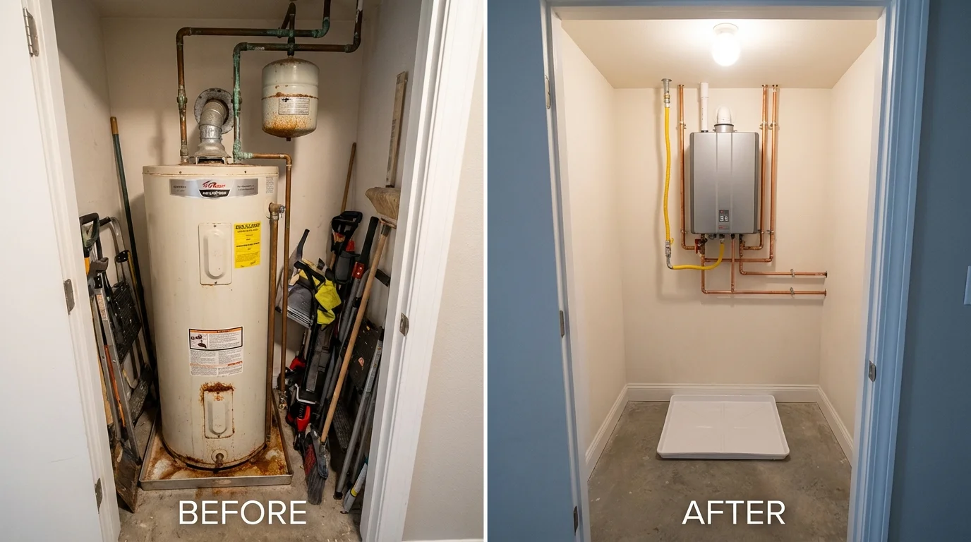 Tank water heater versus wall-mounted tankless unit comparison for Tracy, CA homeowners