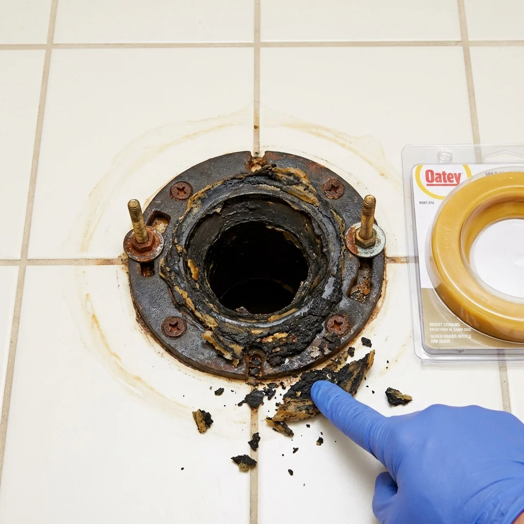 Failed wax ring showing water seepage at the base of a toilet in a Tracy, CA home