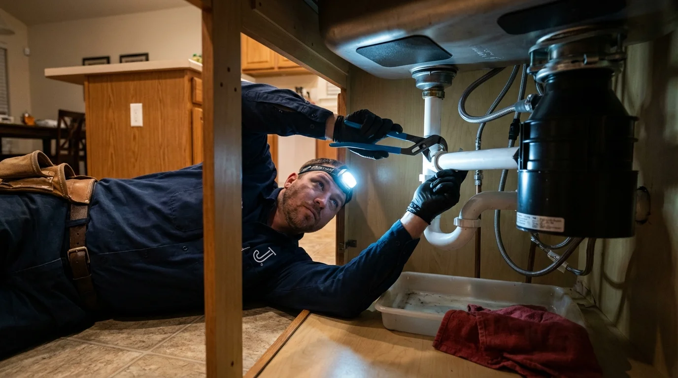 P-trap and supply line connections under a kitchen sink showing a common leak point in Tracy, CA